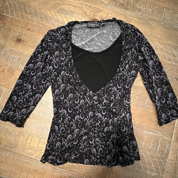 Black and Purple Women's Top 3/4 Sleeve Top Swirl Print Petite Small - Picture 1 of 6